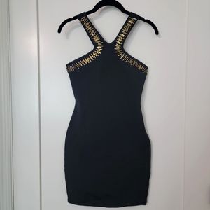 Black Crisscross Bodycon Dress with Gold Metallic Beads, Forever 21, Size M